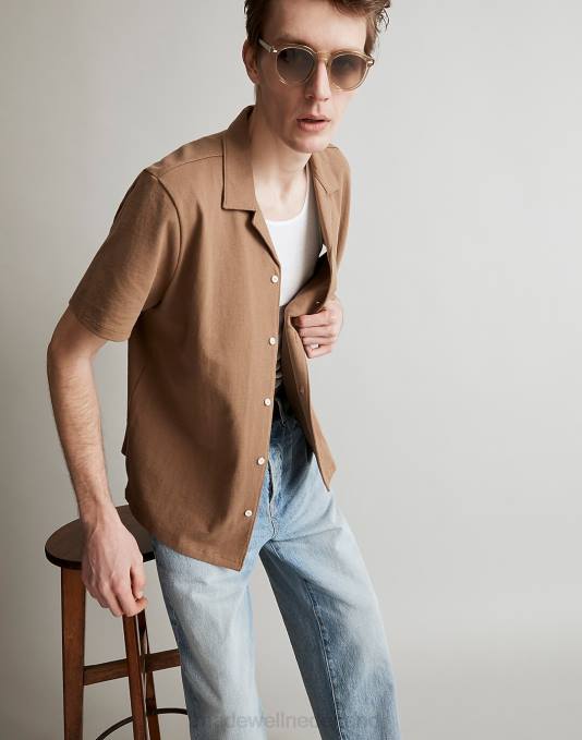 kleding verweerde walnoot ZVH6265 Madewell eenvoudig gebreid kampshirt met korte mouwen Heren